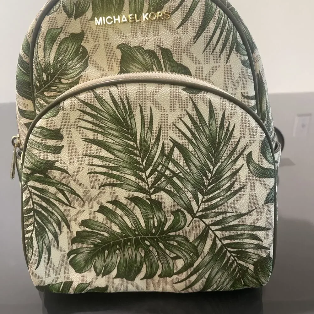 NWT Michael Kors Leather Abbey Vanilla Olive MK Logo Palm Leaf Backpack Rare